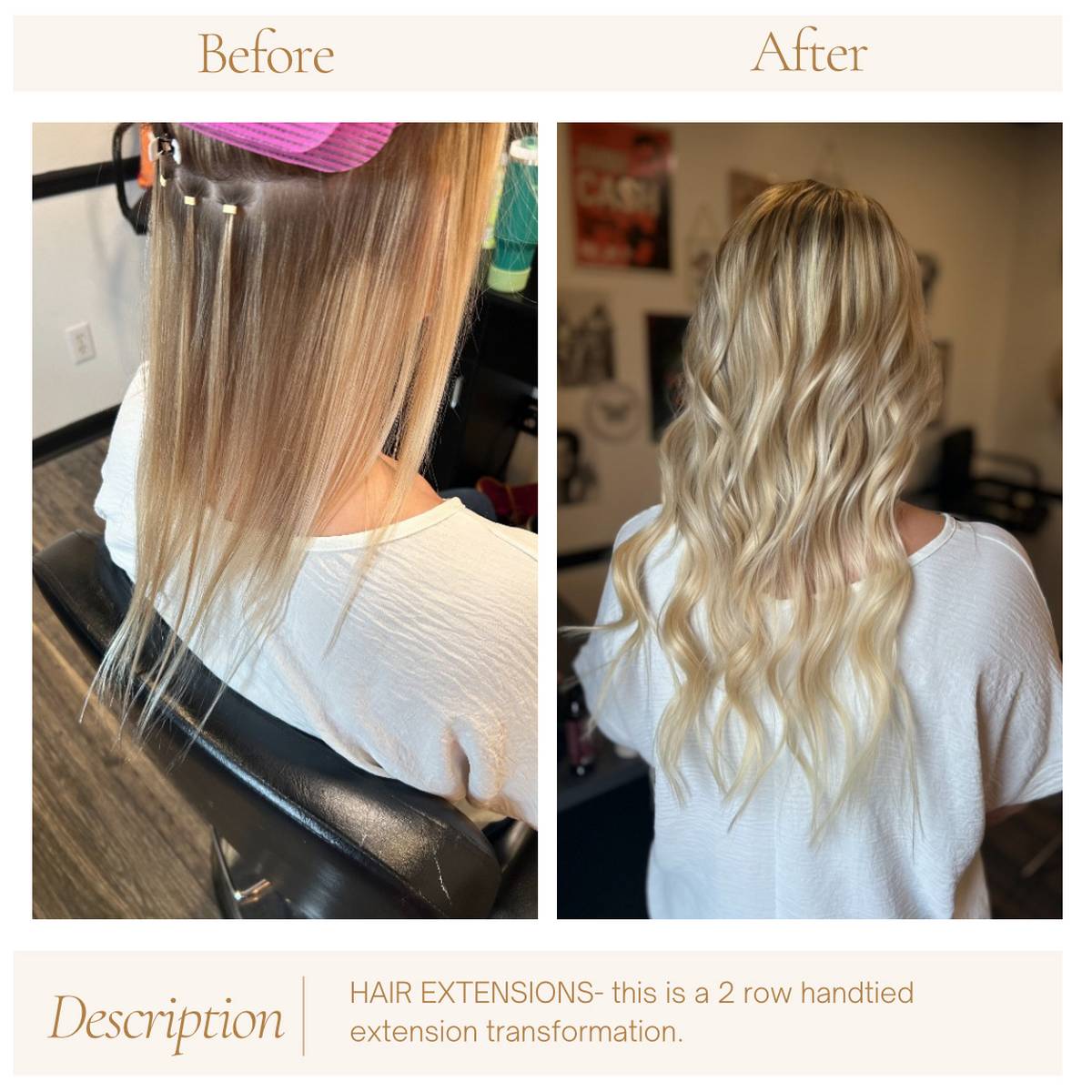 Hair Extensions - this is a 2 row handtied extension transformation by Kylee at Golden Glow Salon in Calera Shelby County AL