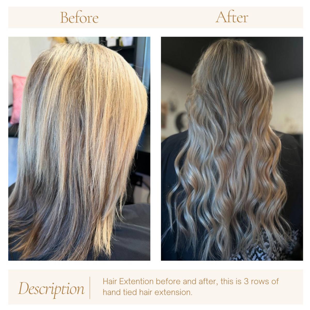 Hair extensions before and after - this is 3 rows of hand tied hair extensions by Kylee at Golden Glow Salon in Calera Shelby County AL